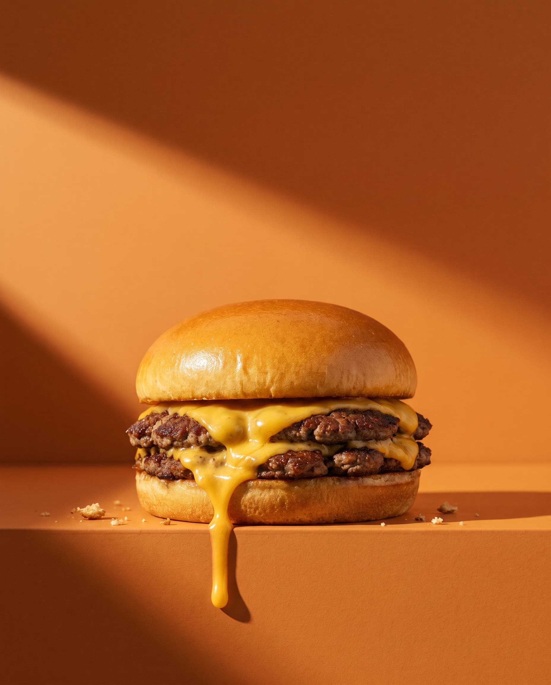 Doppelter Burger mit geschmolzenem Käse vor einer orangen Wand